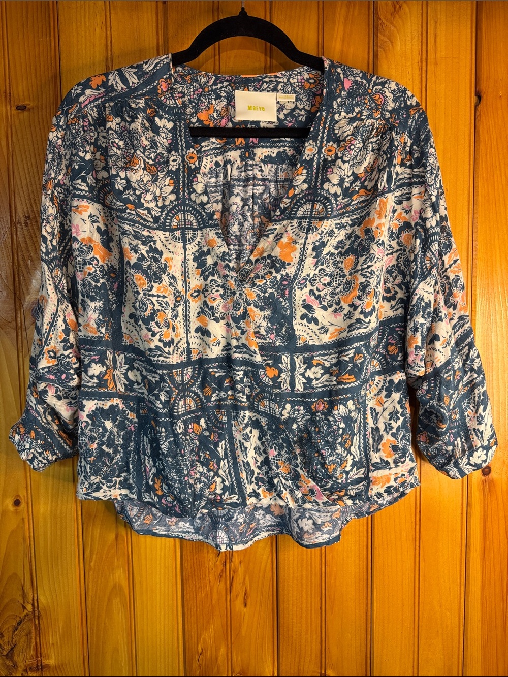 Maeve Giana Wrap Teal Blue Patchwork Floral V-Neck Blouse